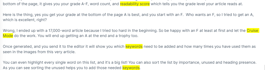 Showing the Highlight of SEO keywords recomended 